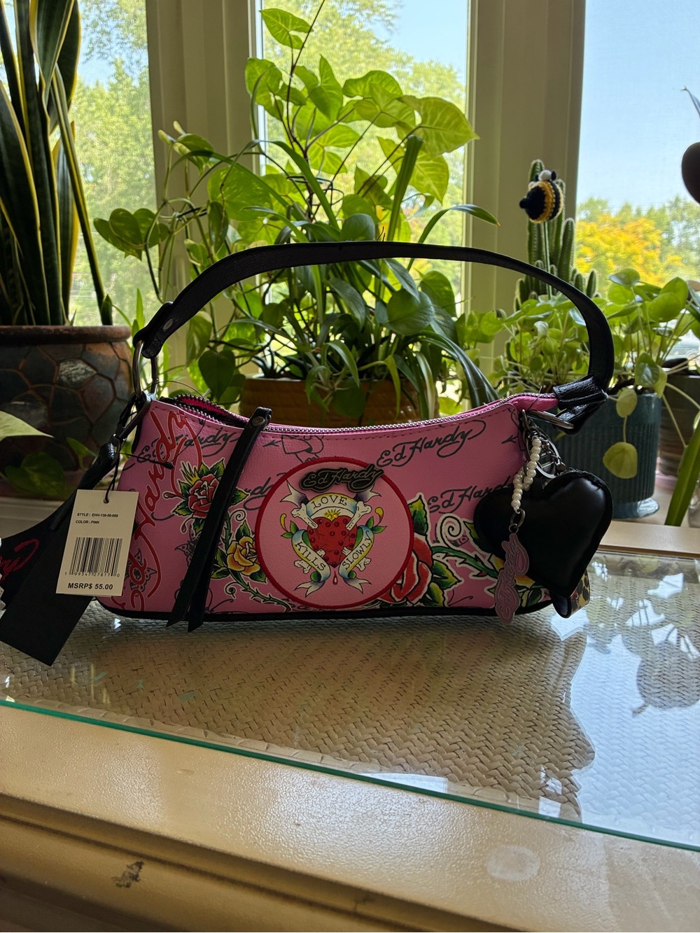 Ed Hardy Pink Floral Heart Shoulder Bag with Black Charm